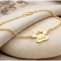 Sterling silver gold plated dog-cat paw bracelet with engraved name of your favorite pet