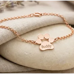 Sterling silver rose gold plated dog-cat paw bracelet with engraved name of your favorite pet