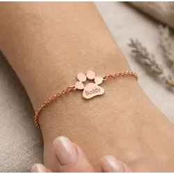 Ασημένιο ροζ επιχρυσωμένο βραχιόλι πατούσα σκύλου-γάτας με χαραγμένο το όνομα αγαπημένου σας κατοικίδιου