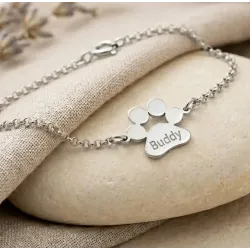 Sterling silver platinum plated dog-cat paw bracelet with engraved name of your favorite pet