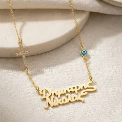 Gold Plated Necklace with 2 Names, Cross & Blue Eye