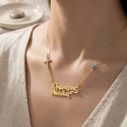 Κολιέ με 2 Ονόματα, Σταυρό & Ματάκι σε Επιχρυσωμένο Ασήμι