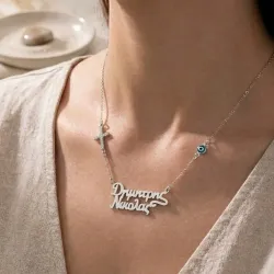 Platinum Plated Necklace with 2 Names, Cross & Blue Eye