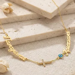 Gold Plated Necklace with 2 Names, Cross & Blue Eye