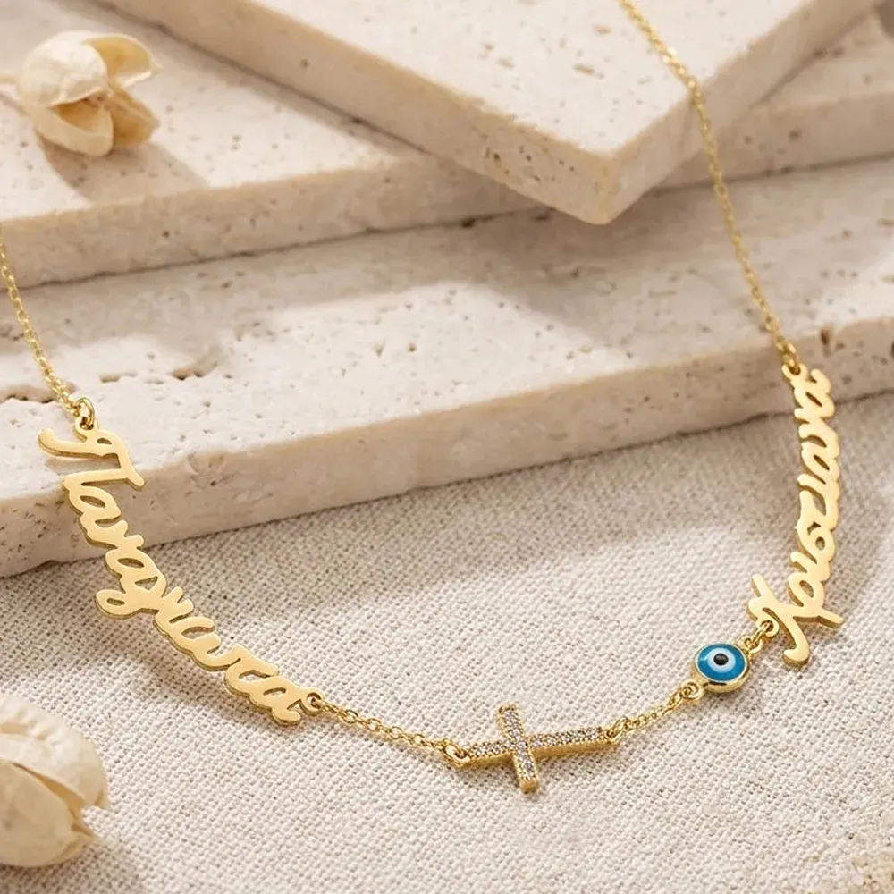 Gold Plated Necklace with 2 Names, Cross & Blue Eye
