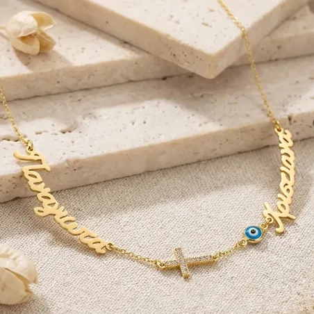 Gold Plated Necklace with 2 Names, Cross & Blue Eye