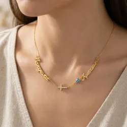 Gold Plated Necklace with 2 Names, Cross & Blue Eye