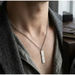 Silver platinum plated ID necklace with date or name, stainless steel chain