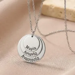 Silver platinum plated necklace with 3 discs with names or dates engraved - Stainless steel chain