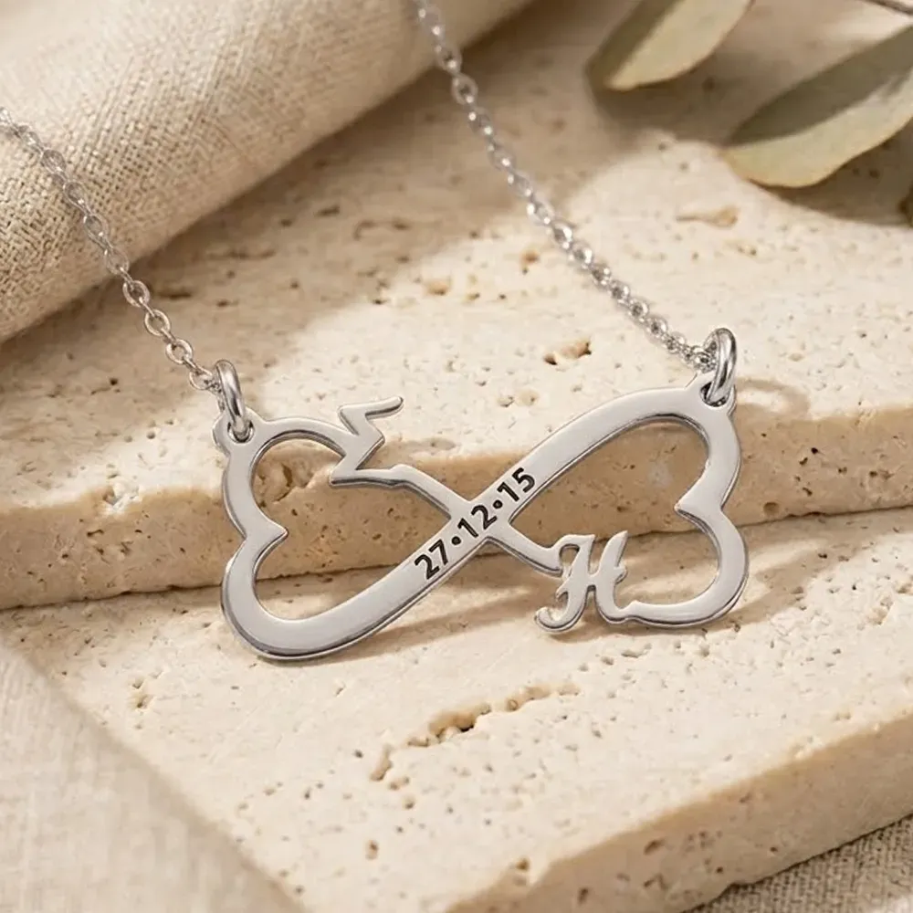Platinum Plated Infinity Necklace with Initials & Date