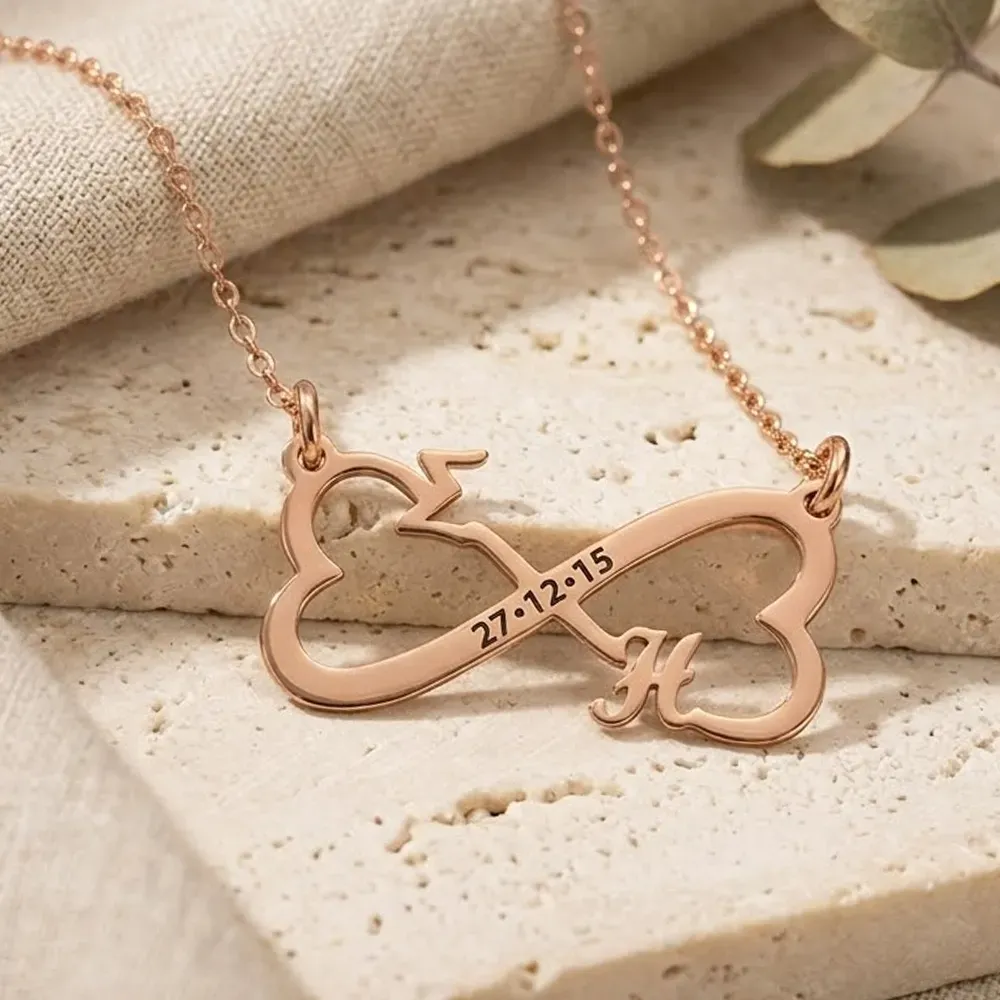 Rose Gold Infinity Necklace with Initials & Date