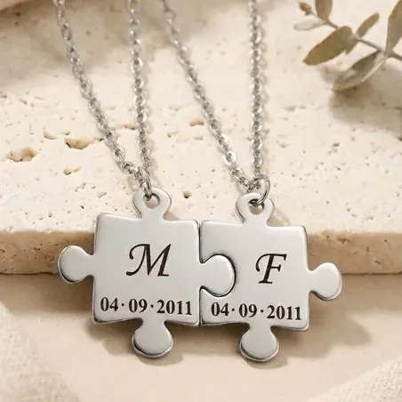 Platinum Plated Puzzle Necklace Set with Initials & Date