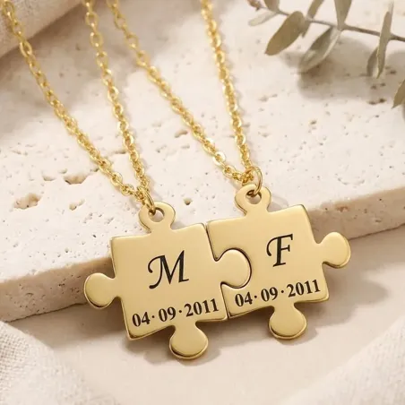 Gold Plated Puzzle Necklace Set with Initials & Date