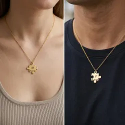 Σετ 2 Κολιέ Παζλ με Μονογράμματα & Ημερομηνία σε Επιχρυσωμένο Ασήμι