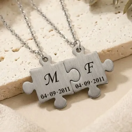 Nickel Silver Puzzle Necklace Set with Initials & Date