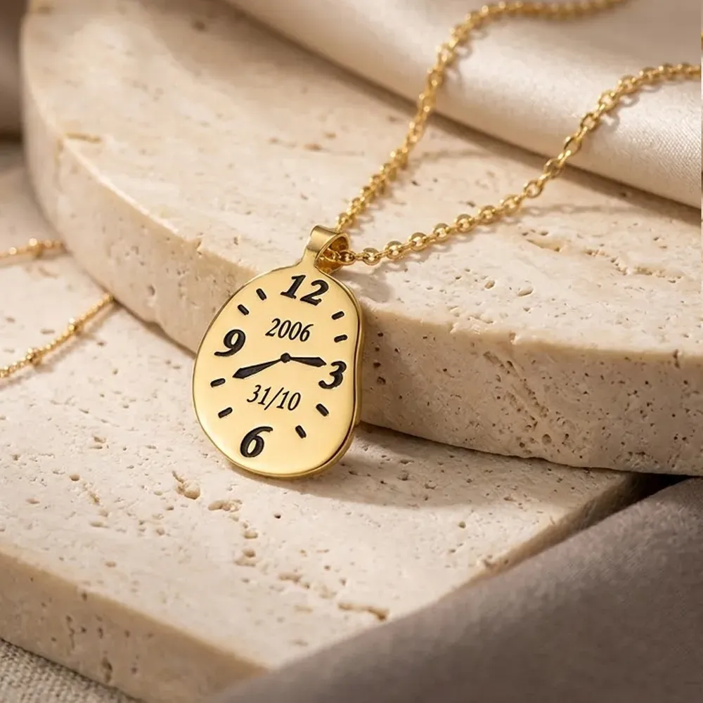 Silver gold plated  pendant watch engraved with your time and date, stainless steel chain
