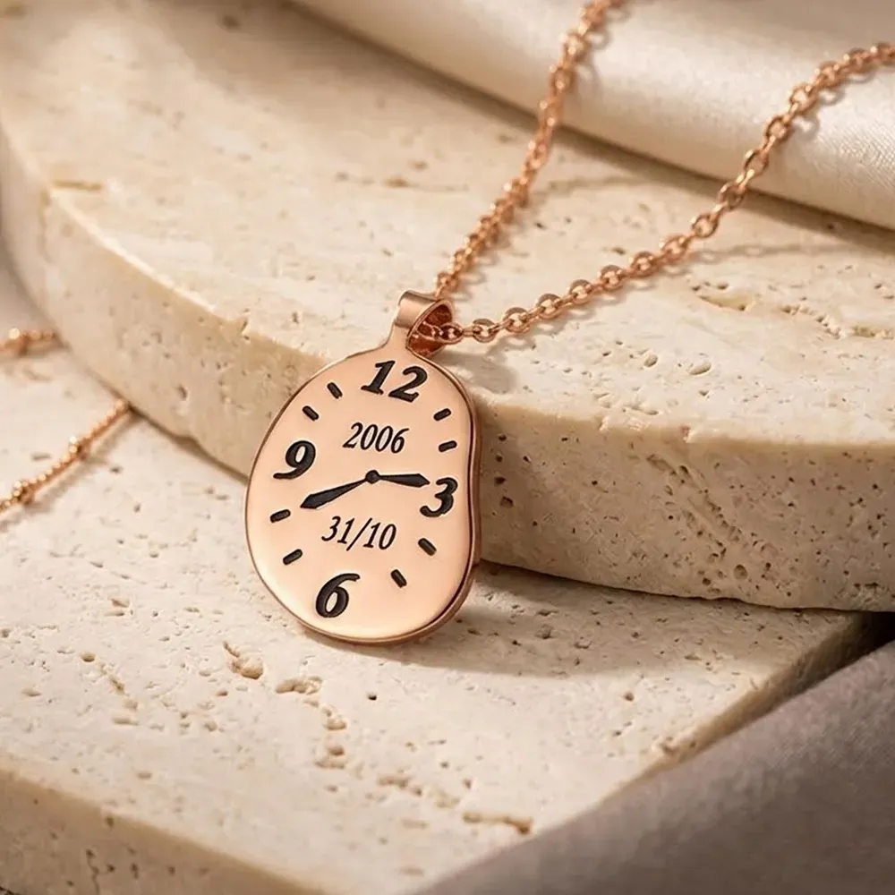 Silver rose gold plated  pendant watch engraved with your time and date, stainless steel chain