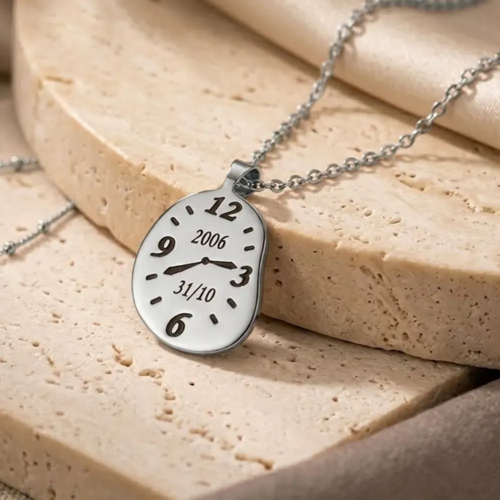 Silver platinum plated  pendant watch engraved with your time and date, stainless steel chain