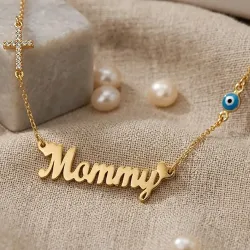 Ασημένιο επιχρυσωμένο κολιέ mοmmy με σταυρό με στρας και ματάκι