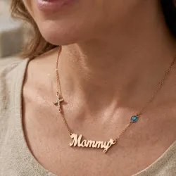 Silver rose gold plated mommy necklace with cross with rhinestones and eye