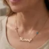 Ασημένιο ροζ επιχρυσωμένο κολιέ mοmmy με σταυρό με στρας και ματάκι