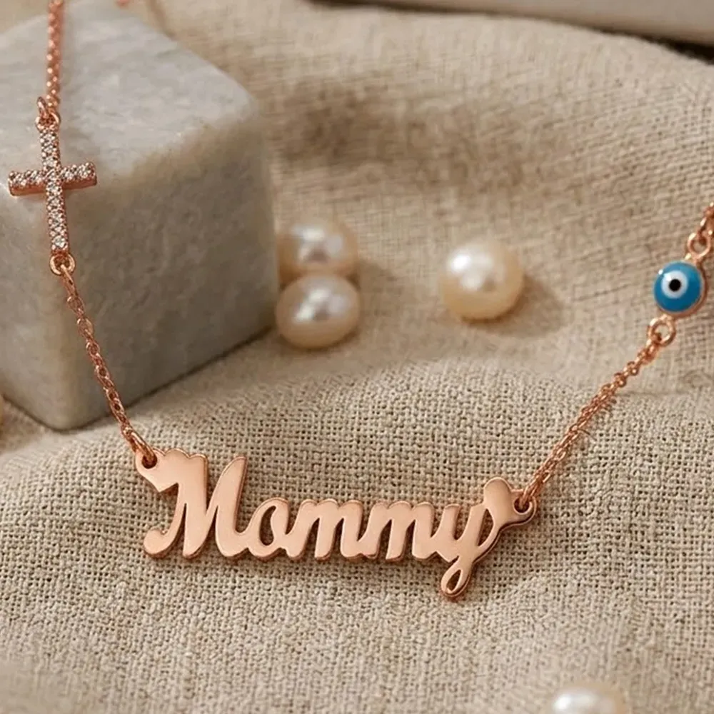 Silver rose gold plated mommy necklace with cross with rhinestones and eye