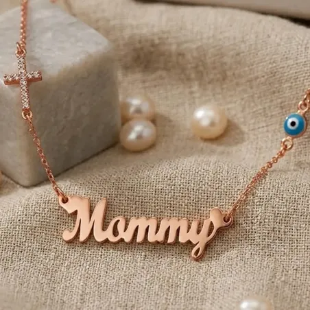 Silver rose gold plated mommy necklace with cross with rhinestones and eye