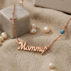 Silver rose gold plated mommy necklace with cross with rhinestones and eye