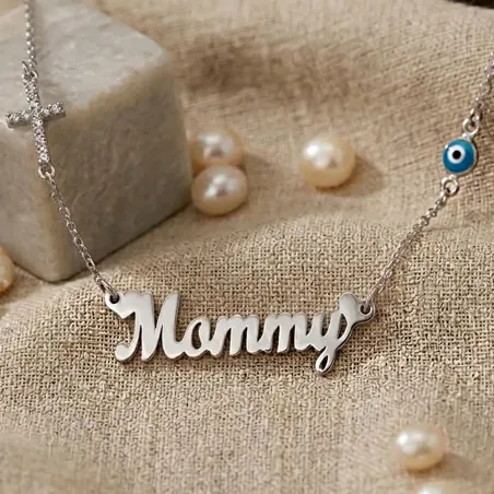 Silver platinum plated mommy necklace with cross with rhinestones and eye