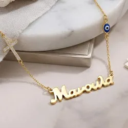 Ασημένιο επιχρυσωμένο κολιέ Μανούλα με σταυρό με στρας και ματάκι