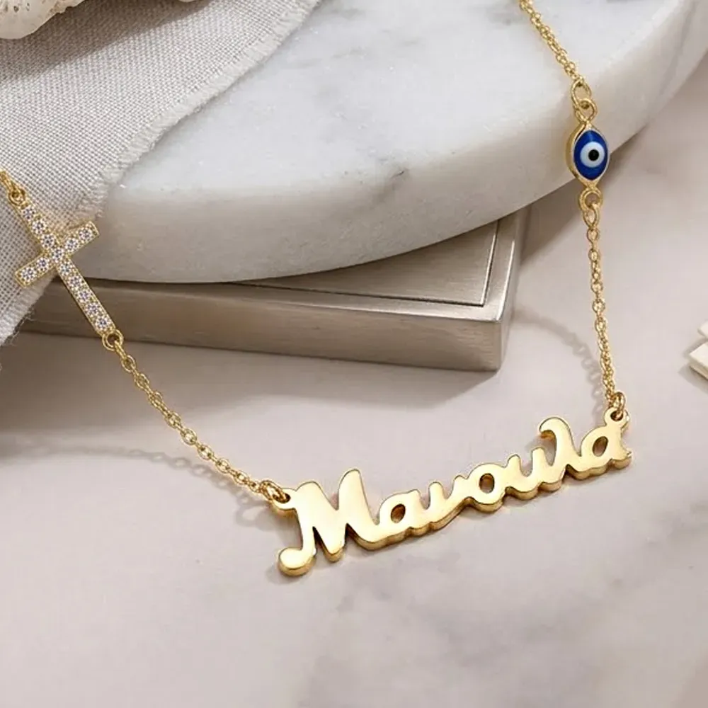 Silver gold plated necklace Mom with cross with rhinestones and eye