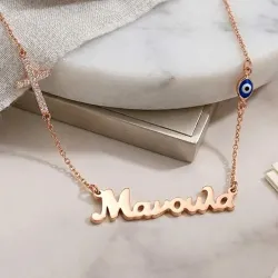 Ασημένιο ροζ επιχρυσωμένο κολιέ Μανούλα με σταυρό με στρας και ματάκι