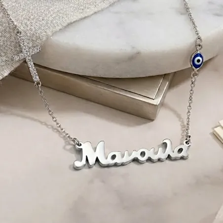 Silver platinum plated necklace Mom with cross with rhinestones and eye