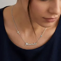 Silver platinum plated necklace Mom with cross with rhinestones and eye