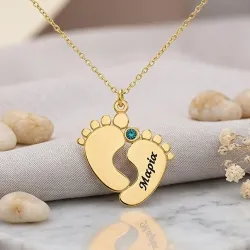 Silver gold plated feet necklace with name-date and swarovski