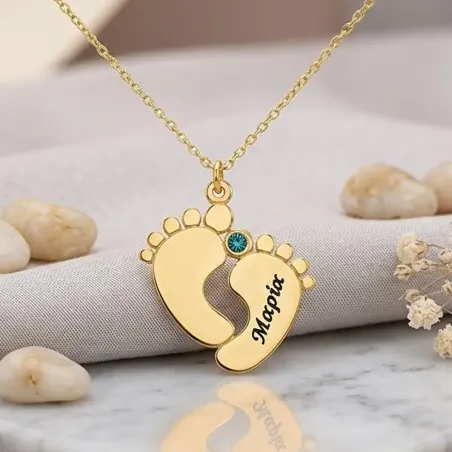 Silver gold plated feet necklace with name-date and swarovski