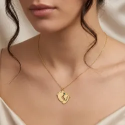 Silver gold plated feet necklace with name-date and swarovski