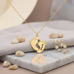 Silver gold plated feet necklace with name-date and swarovski