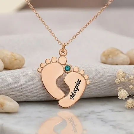 Ασημένιο ροζ επιχρυσωμένο κολιέ πατουσάκια με όνομα-ημερομηνία και swarovski