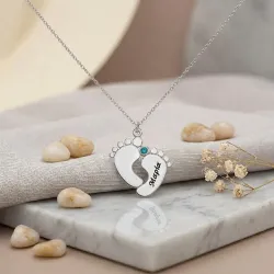 Silver platinum plated feet necklace with name-date and swarovski