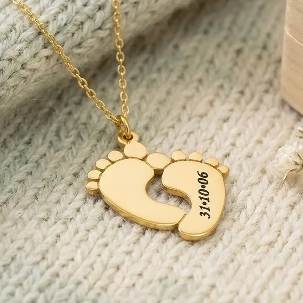 Silver gold plated feet necklace with name-date