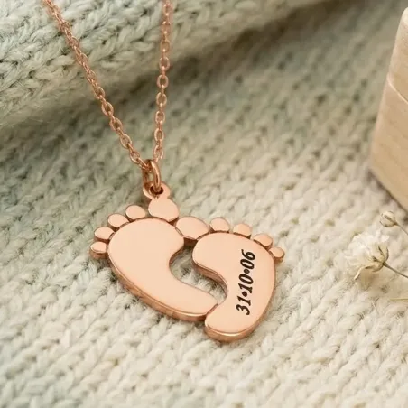 Silver rose gold plated feet necklace with name-date