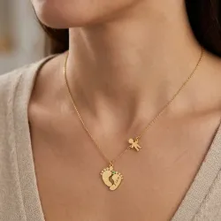 Silver gold plated feet necklace with monogram, date, boy and swarovski