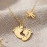 Silver gold plated feet necklace with monogram, date, boy and swarovski