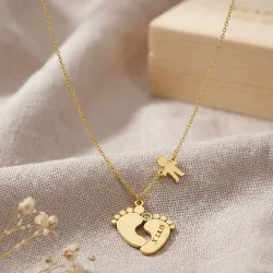 Silver gold plated feet necklace with monogram, date, boy and swarovski