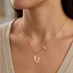 Silver rose gold plated feet necklace with monogram, date, boy and swarovski
