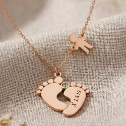 Silver rose gold plated feet necklace with monogram, date, boy and swarovski