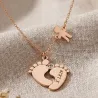 Silver rose gold plated feet necklace with monogram, date, boy and swarovski