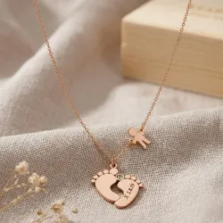 Silver rose gold plated feet necklace with monogram, date, boy and swarovski