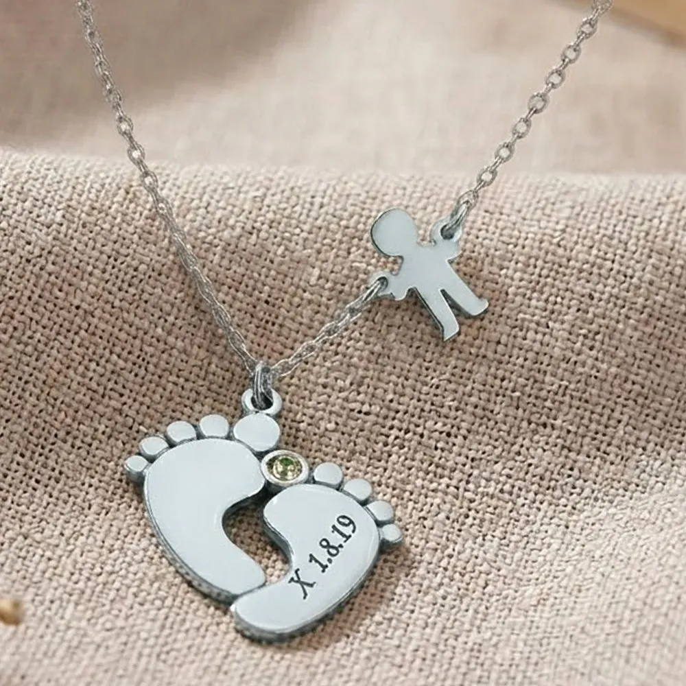 Silver feet necklace with monogram, date, boy and swarovski